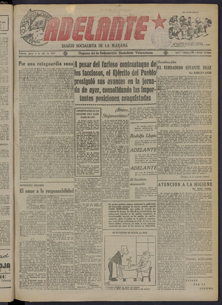 Miniatura de Adelante: diario socialista de la mañana del 8 de julio de 1937