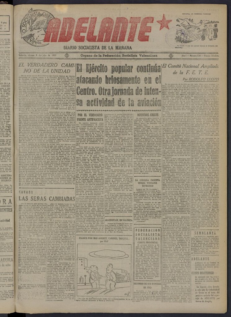 Miniatura de Adelante: diario socialista de la mañana del 9 de julio de 1937