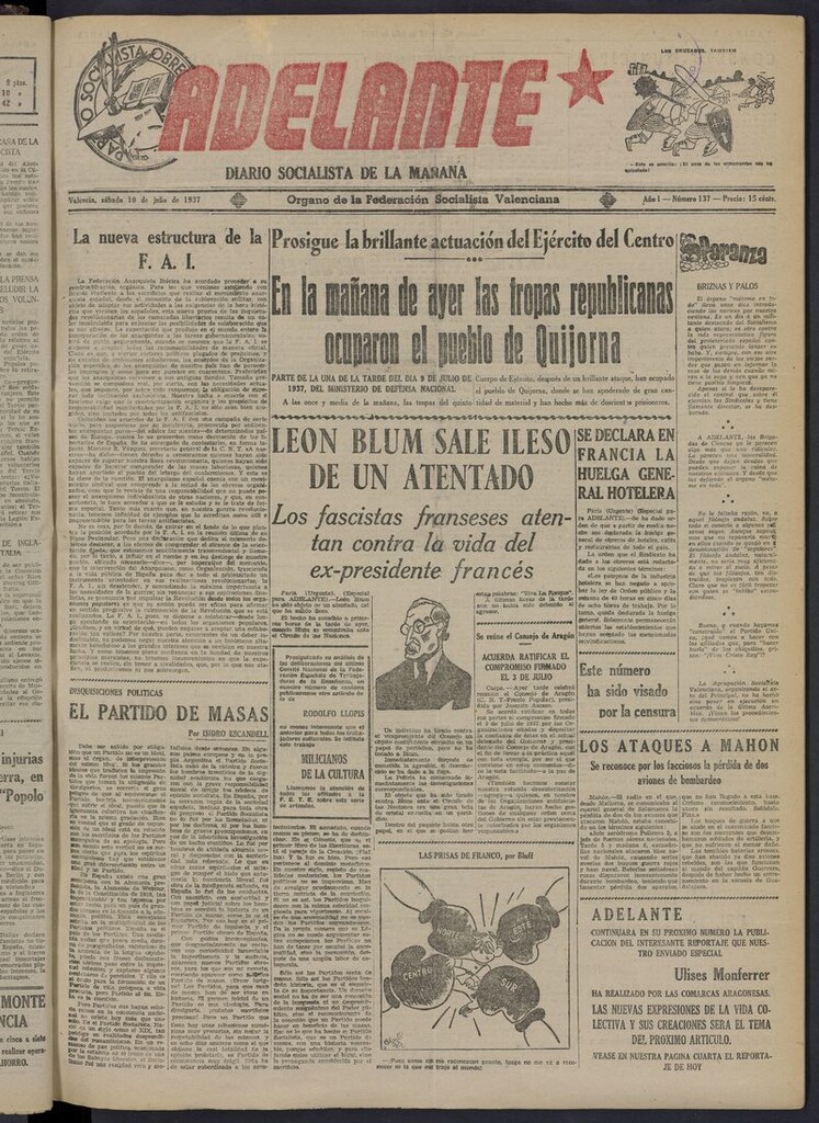 Miniatura de Adelante: diario socialista de la mañana del 10 de julio de 1937