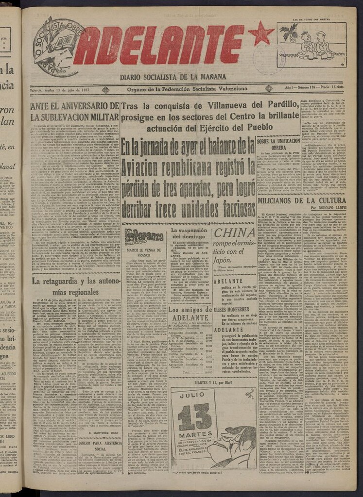 Miniatura de Adelante: diario socialista de la mañana del 13 de julio de 1937