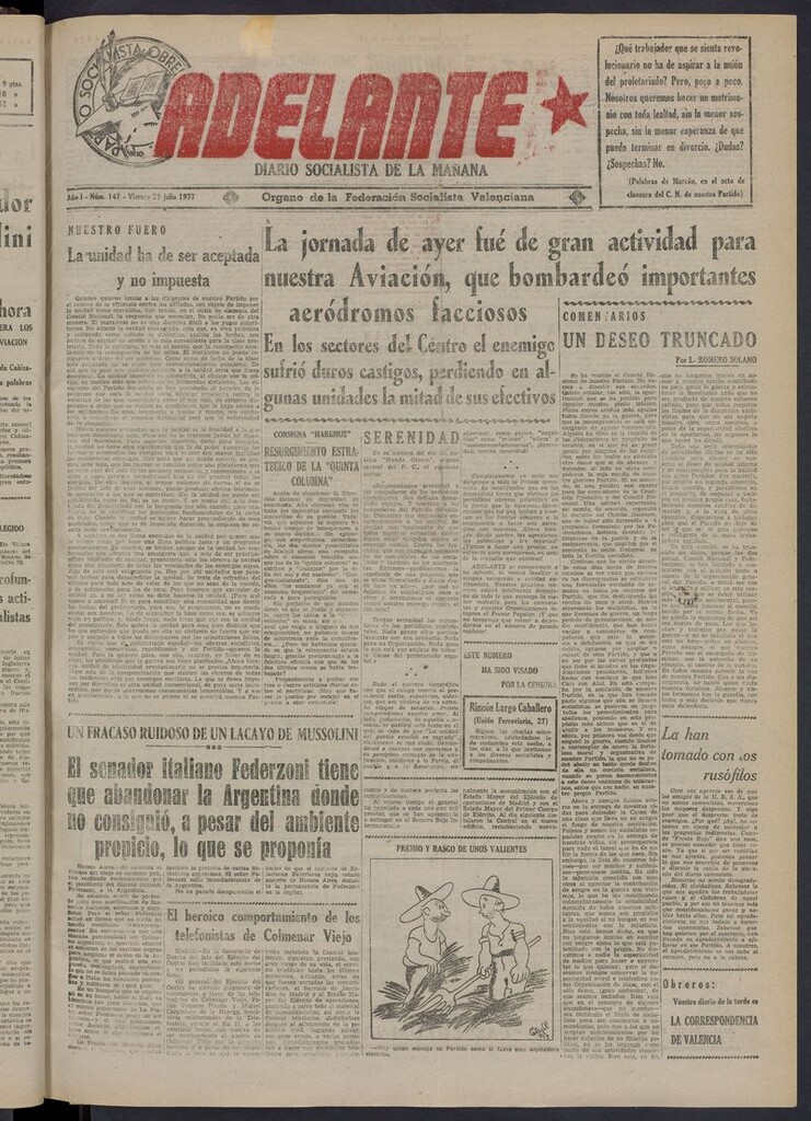 Miniatura de Adelante: diario socialista de la mañana del 23 de julio de 1937