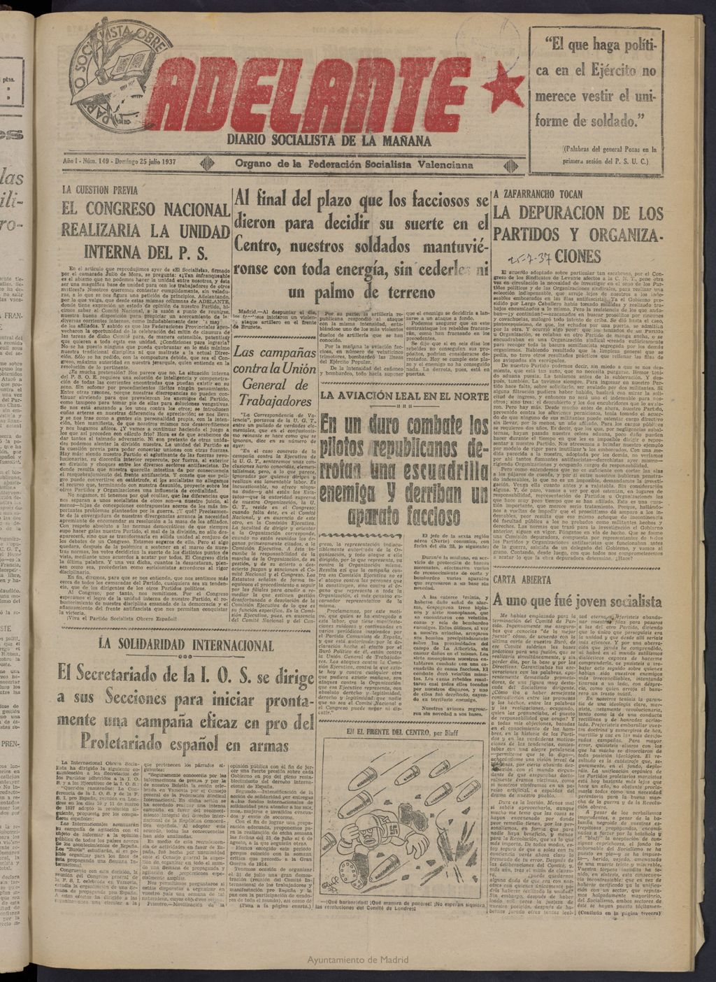 Miniatura de Adelante: diario socialista de la mañana del 25 de julio de 1937