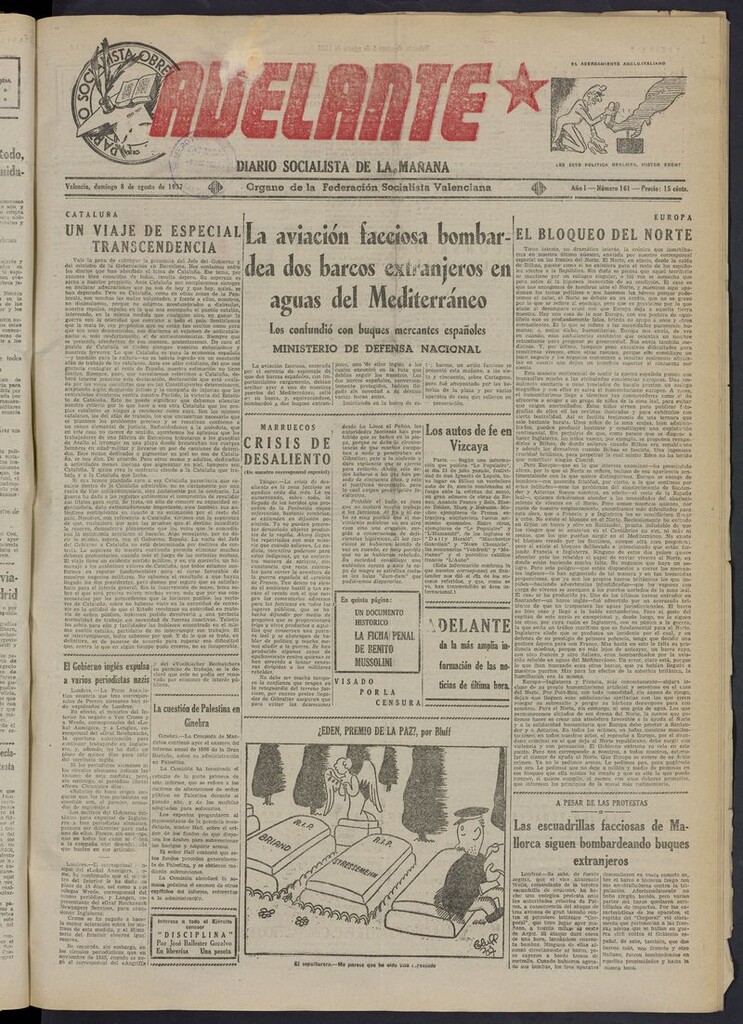 Miniatura de Adelante: diario socialista de la mañana del 8 de agosto de 1937