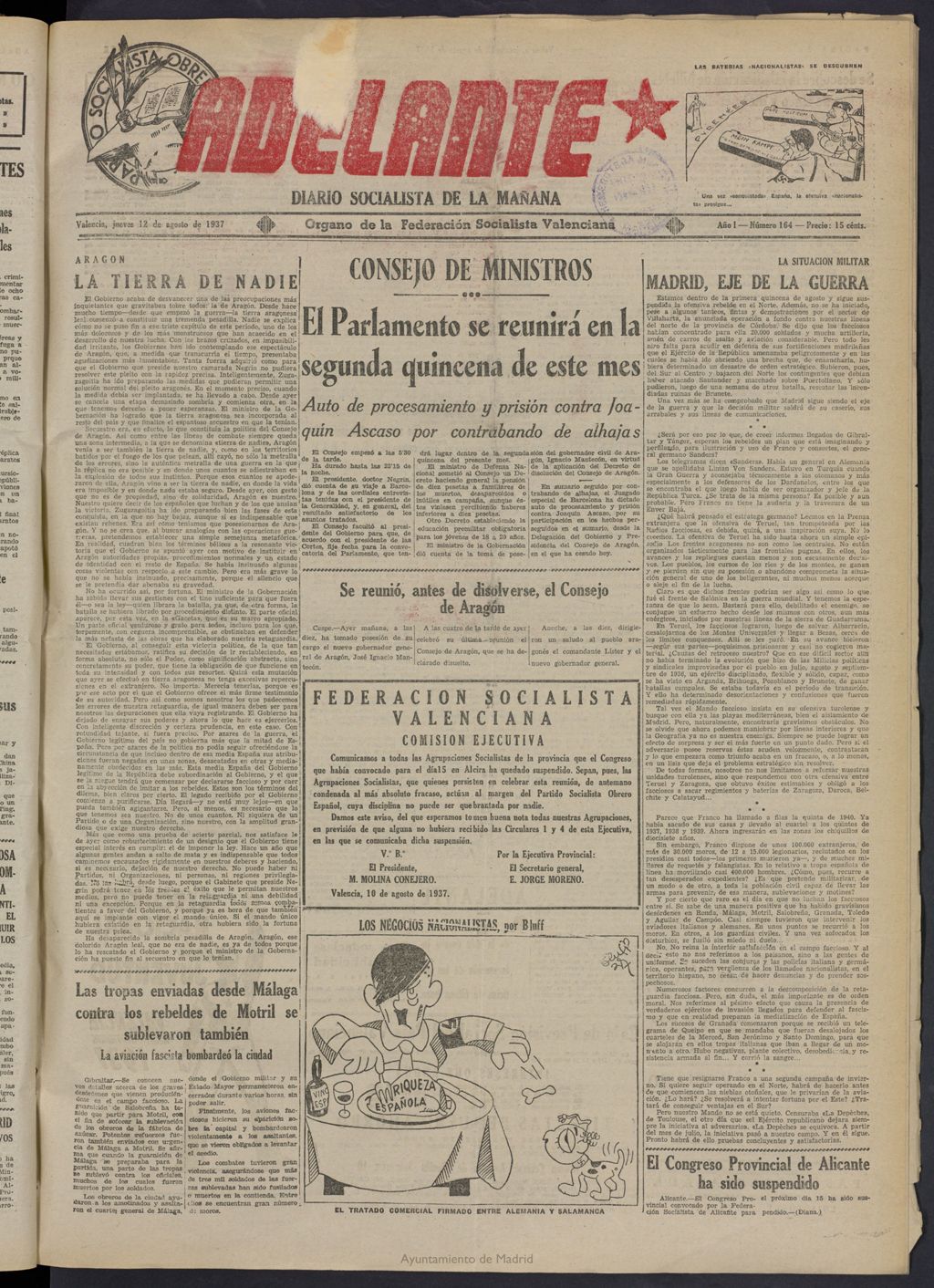 Miniatura de Adelante: diario socialista de la mañana del 12 de agosto de 1937