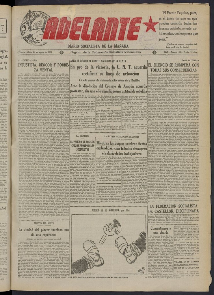 Miniatura de Adelante: diario socialista de la mañana del 14 de agosto de 1937