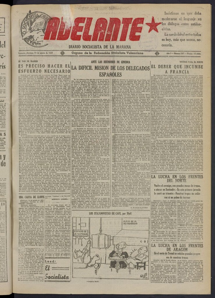 Miniatura de Adelante: diario socialista de la mañana del 15 de agosto de 1937