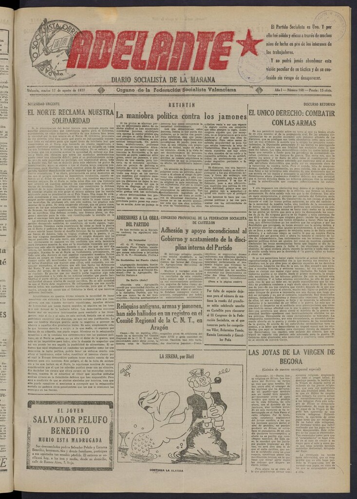 Miniatura de Adelante: diario socialista de la mañana del 17 de agosto de 1937