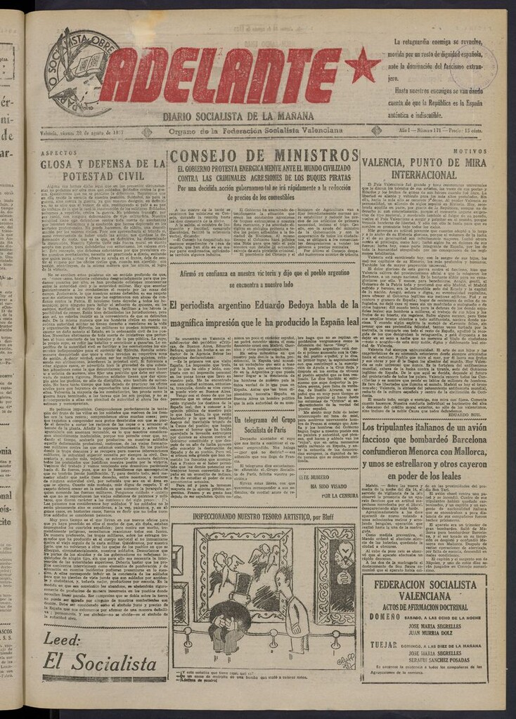 Miniatura de Adelante: diario socialista de la mañana del 20 de agosto de 1937
