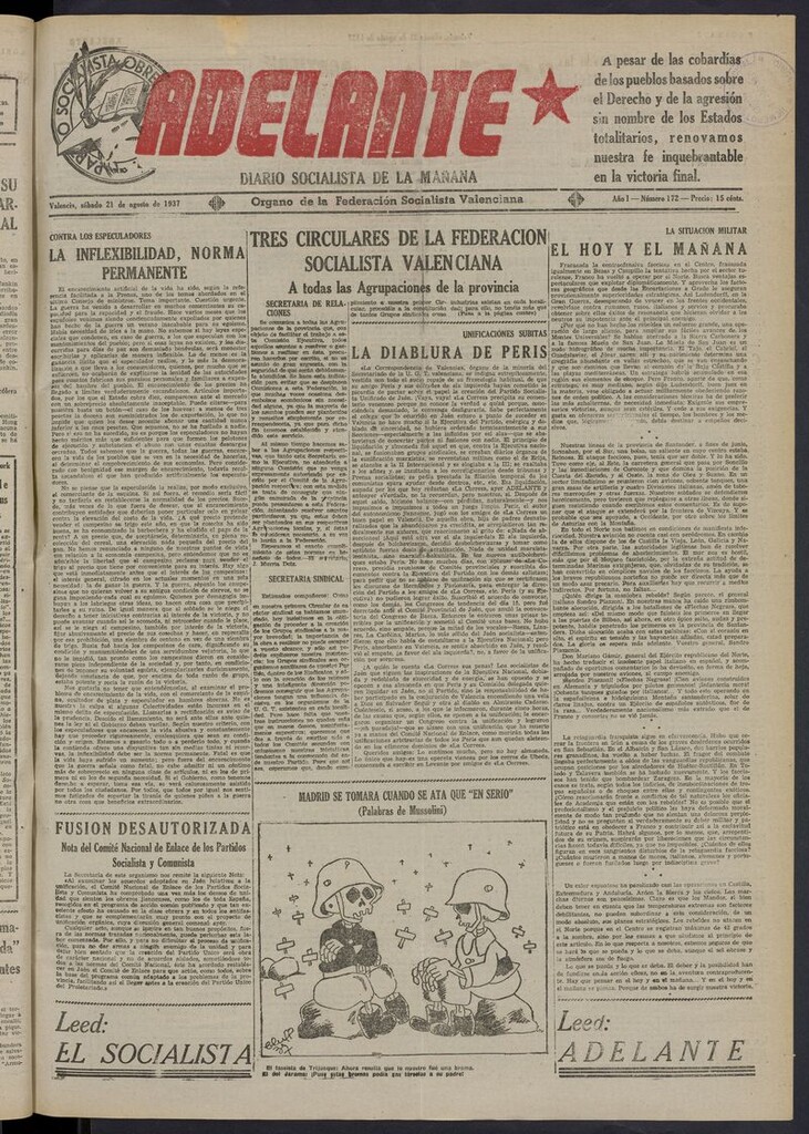 Miniatura de Adelante: diario socialista de la mañana del 21 de agosto de 1937