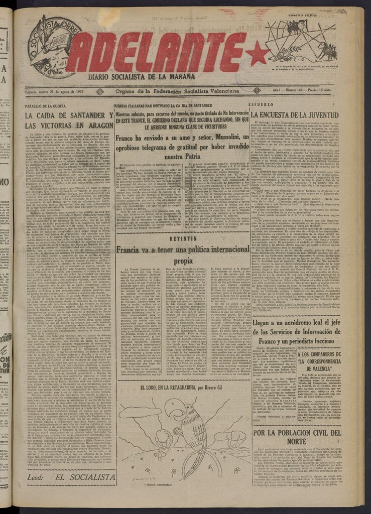 Miniatura de Adelante: diario socialista de la mañana del 31 de agosto de 1937