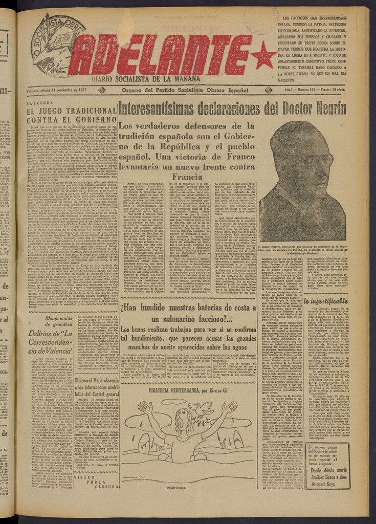 Miniatura de Adelante: diario socialista de la mañana del 11 de septiembre de 1937