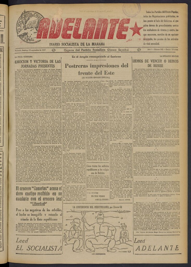 Miniatura de Adelante: diario socialista de la mañana del 12 de septiembre de 1937