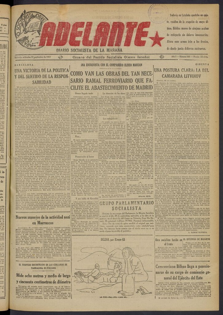 Miniatura de Adelante: diario socialista de la mañana del 22 de septiembre de 1937