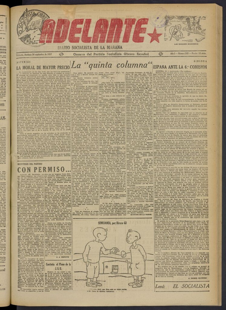 Miniatura de Adelante: diario socialista de la mañana del 26 de septiembre de 1937