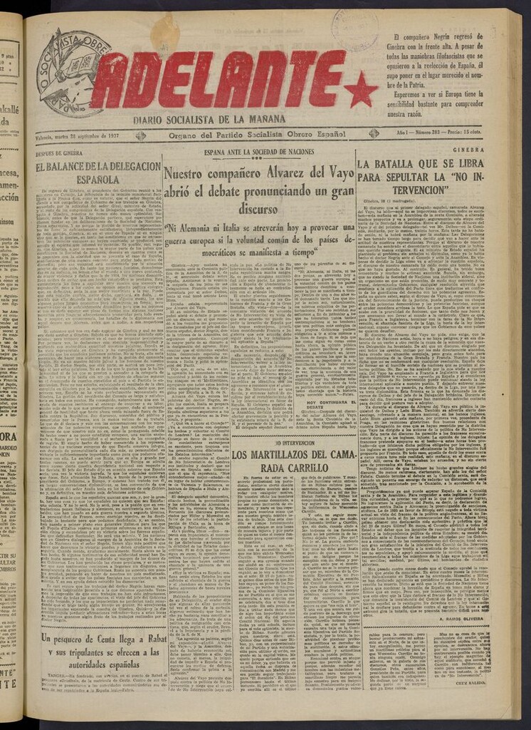 Miniatura de Adelante: diario socialista de la mañana del 28 de septiembre de 1937