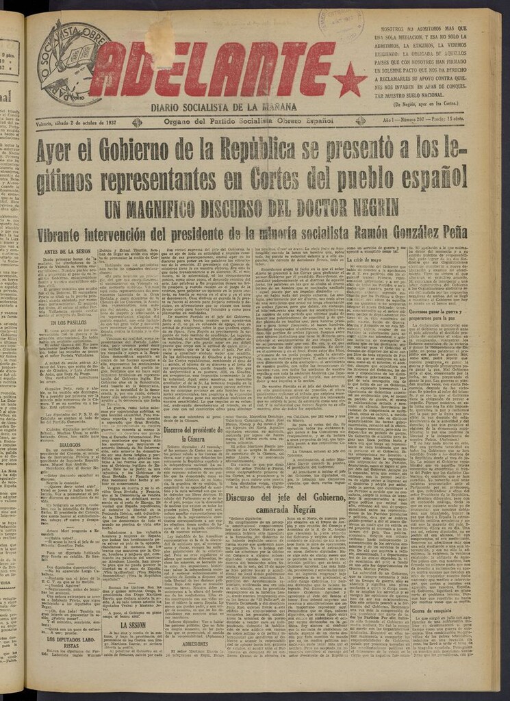 Miniatura de Adelante: diario socialista de la mañana del 2 de octubre de 1937