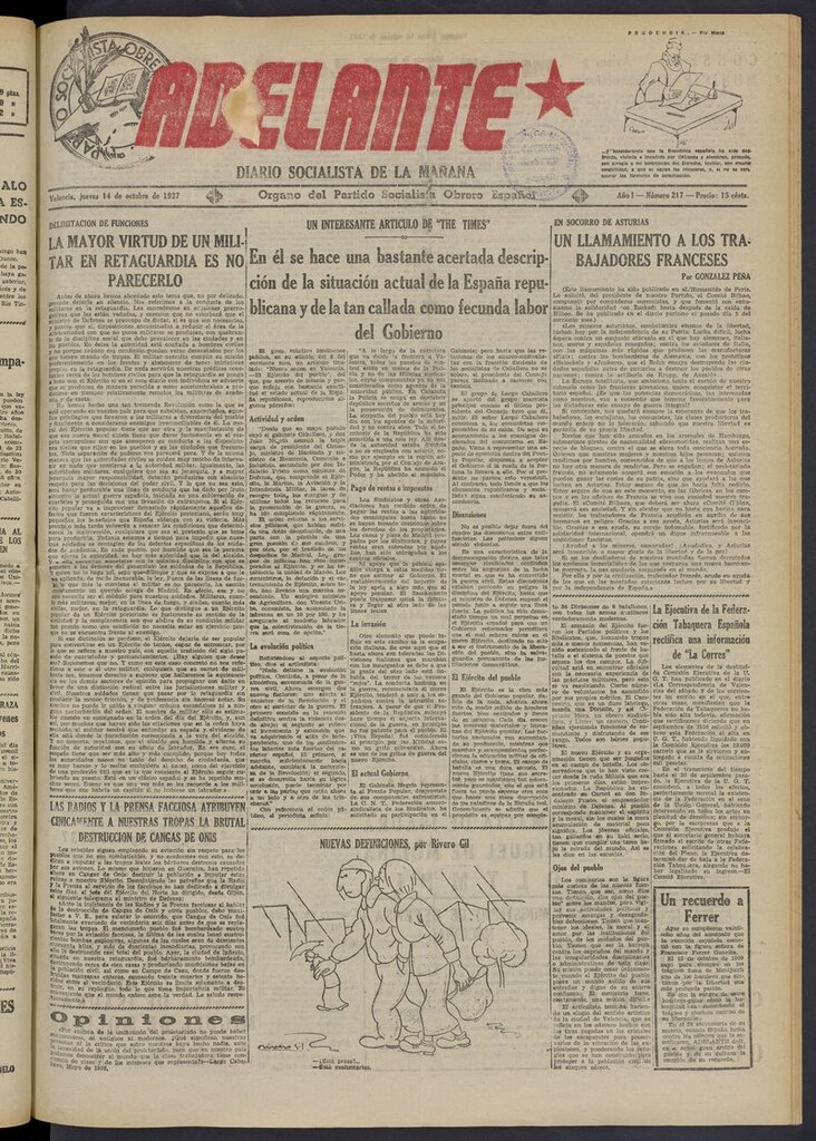 Miniatura de Adelante: diario socialista de la mañana del 14 de octubre de 1937