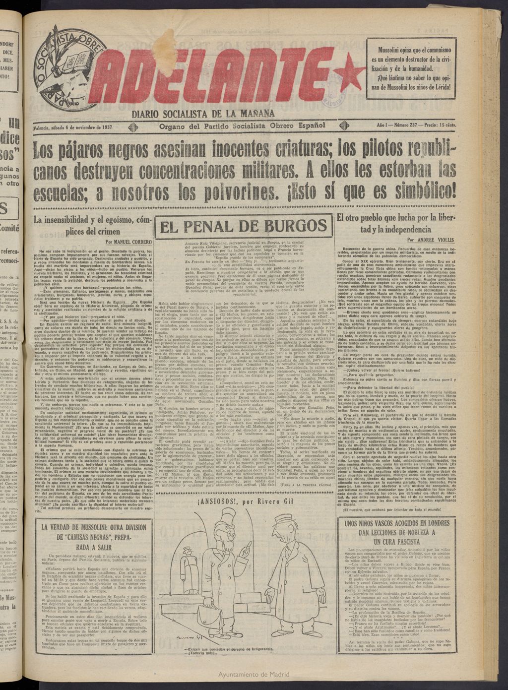 Miniatura de Adelante: diario socialista de la mañana del 6 de noviembre de 1937