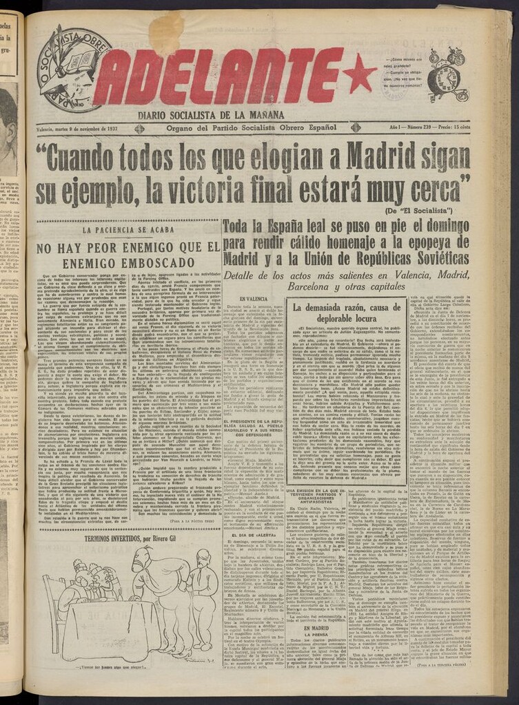 Miniatura de Adelante: diario socialista de la mañana del 9 de noviembre de 1937