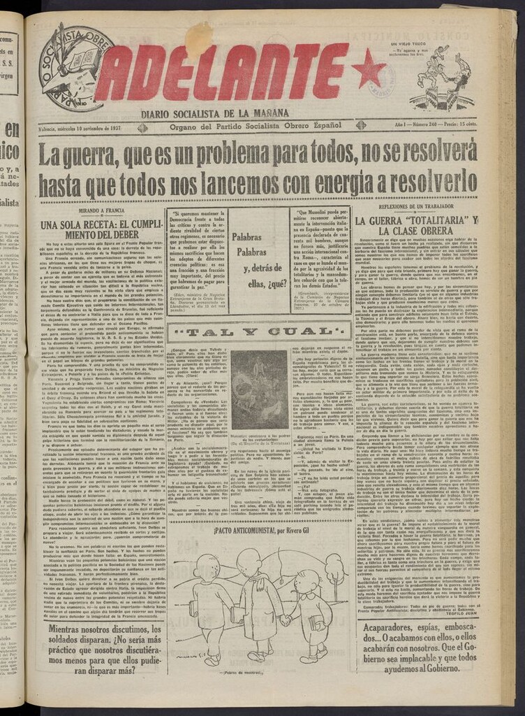 Miniatura de Adelante: diario socialista de la mañana del 10 de noviembre de 1937