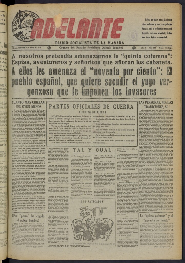 Miniatura de Adelante: diario socialista de la mañana del 5 de enero de 1938