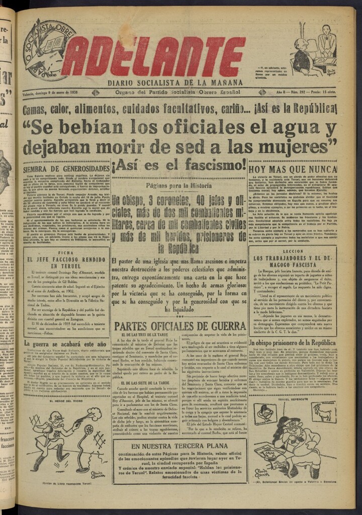 Miniatura de Adelante: diario socialista de la mañana del 9 de enero de 1938