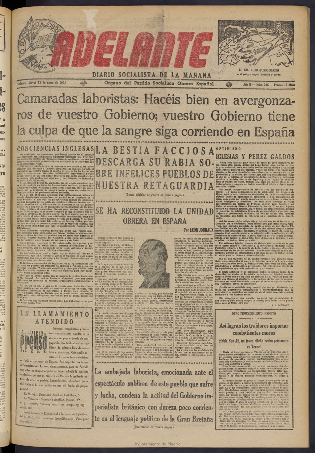 Miniatura de Adelante: diario socialista de la mañana del 13 de enero de 1938