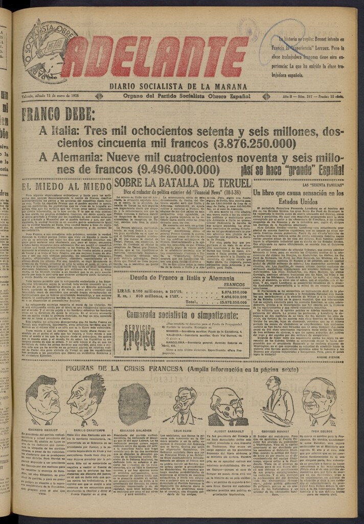 Miniatura de Adelante: diario socialista de la mañana del 15 de enero de 1938