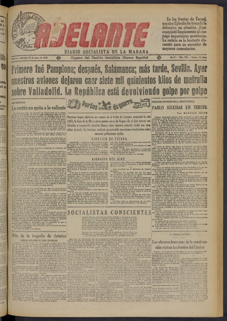 Miniatura de Adelante: diario socialista de la mañana del 26 de enero de 1938
