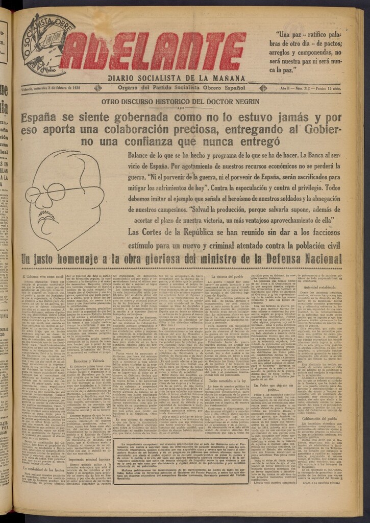 Miniatura de Adelante: diario socialista de la mañana del 2 de febrero de 1938