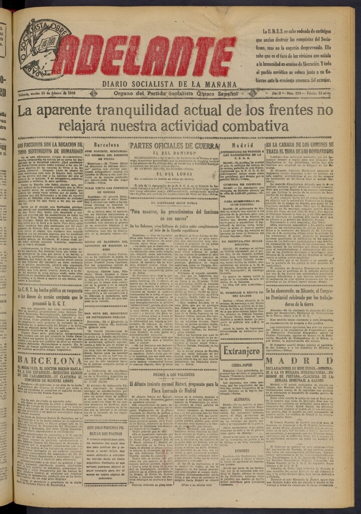 Miniatura de Adelante: diario socialista de la mañana del 15 de febrero de 1938