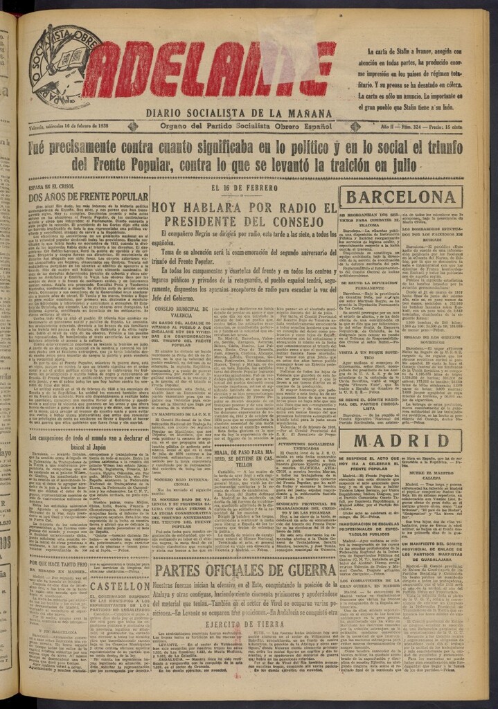 Miniatura de Adelante: diario socialista de la mañana del 16 de febrero de 1938