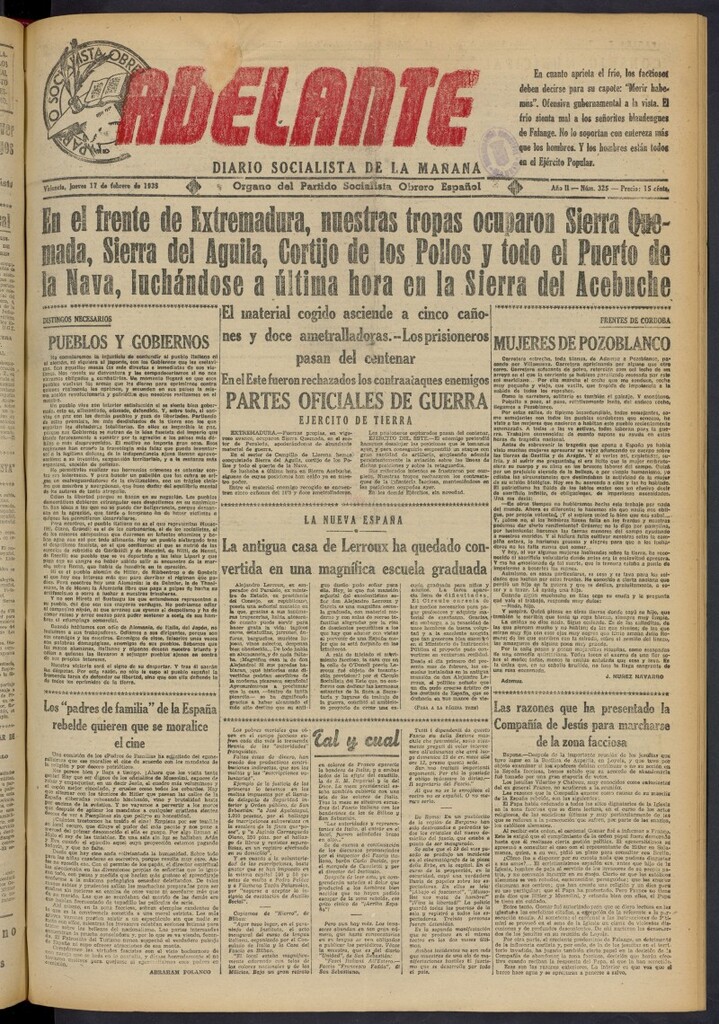 Miniatura de Adelante: diario socialista de la mañana del 17 de febrero de 1938