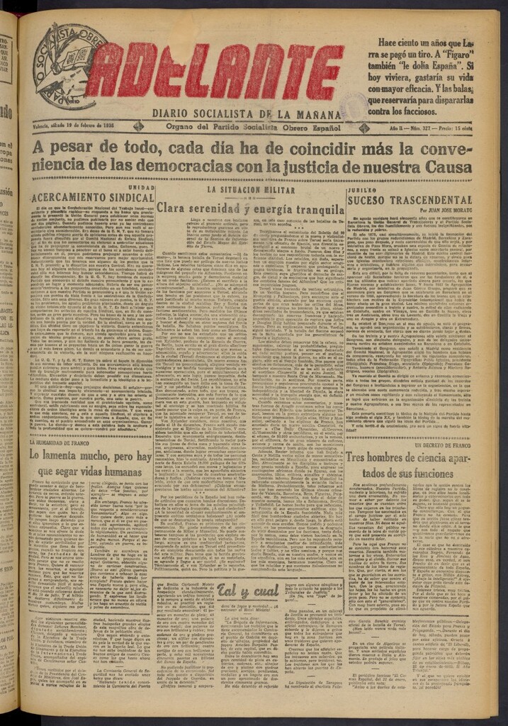 Miniatura de Adelante: diario socialista de la mañana del 19 de febrero de 1938