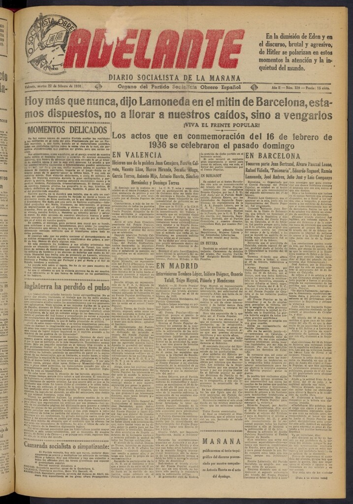 Miniatura de Adelante: diario socialista de la mañana del 22 de febrero de 1938