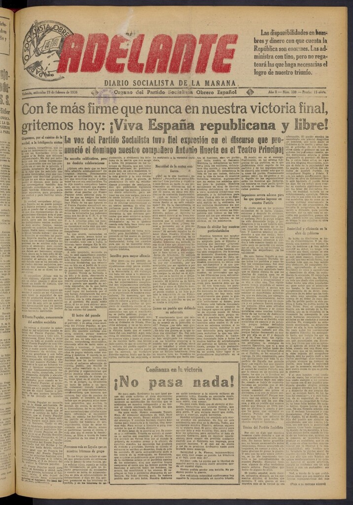 Miniatura de Adelante: diario socialista de la mañana del 23 de febrero de 1938