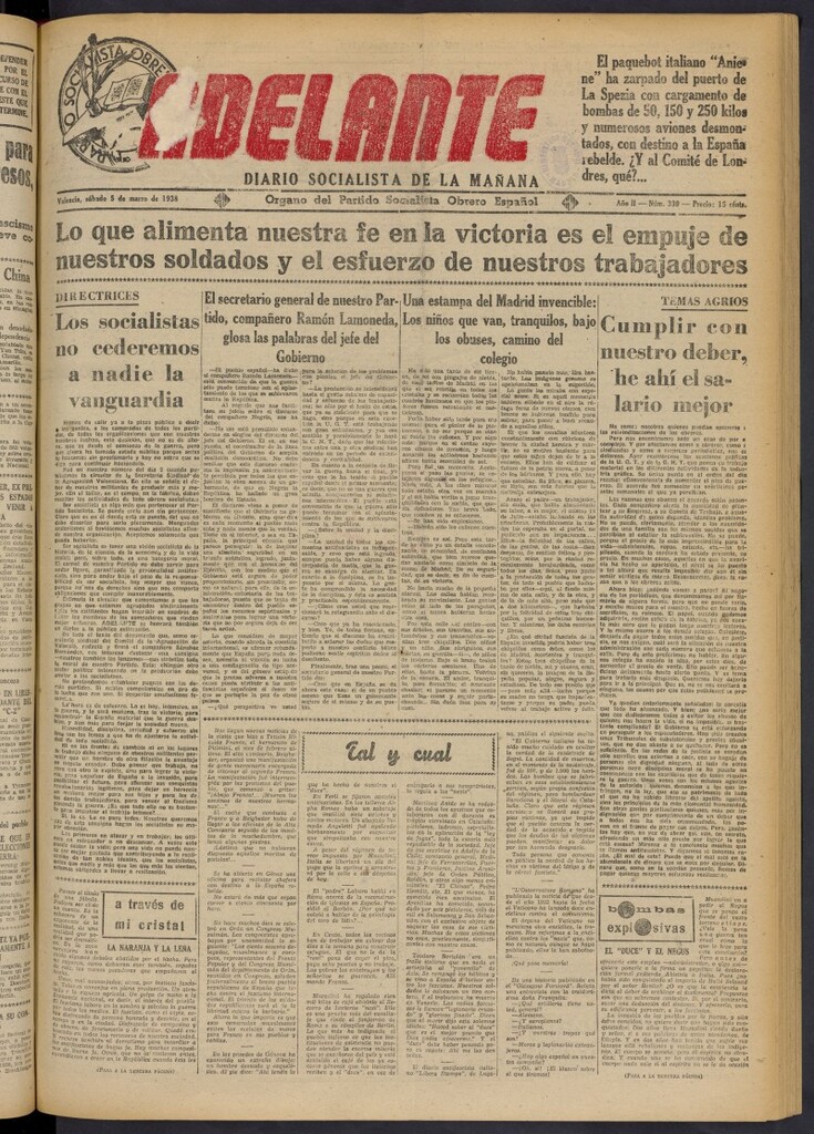 Miniatura de Adelante: diario socialista de la mañana del 5 de marzo de 1938
