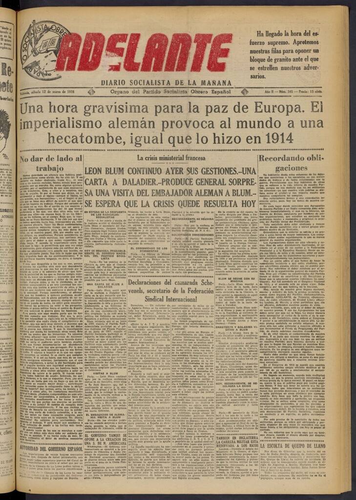 Miniatura de Adelante: diario socialista de la mañana del 12 de marzo de 1938