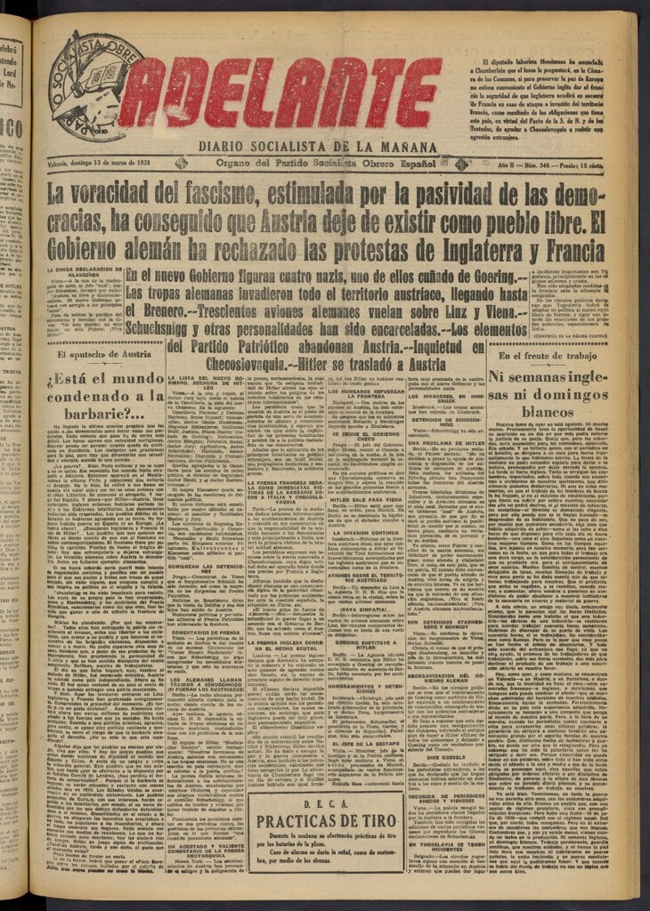 Miniatura de Adelante: diario socialista de la mañana del 13 de marzo de 1938