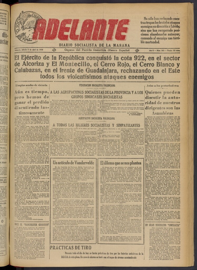 Miniatura de Adelante: diario socialista de la mañana del 2 de abril de 1938