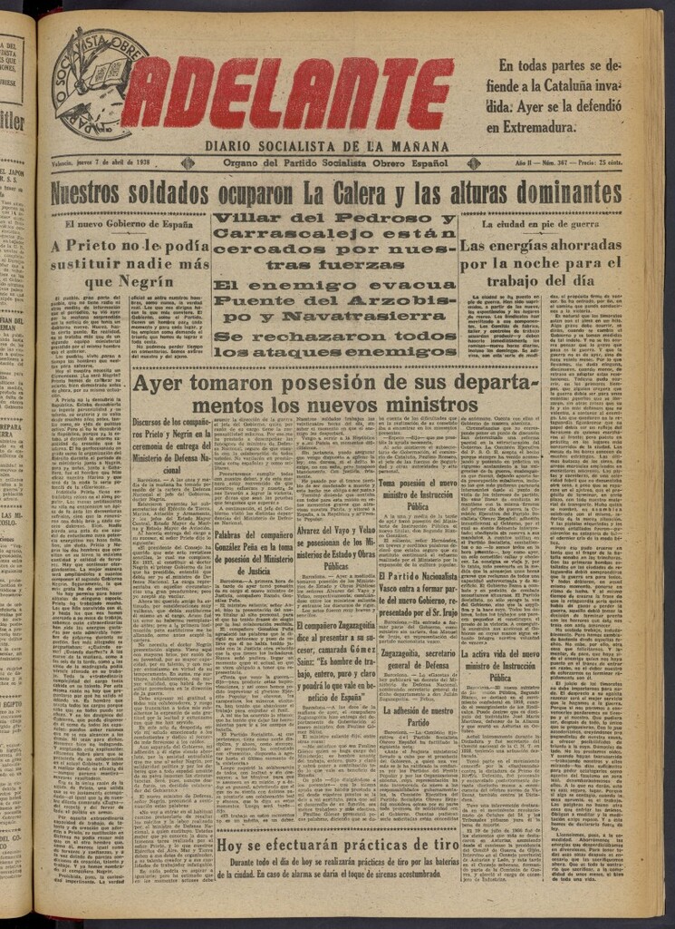 Miniatura de Adelante: diario socialista de la mañana del 7 de abril de 1938
