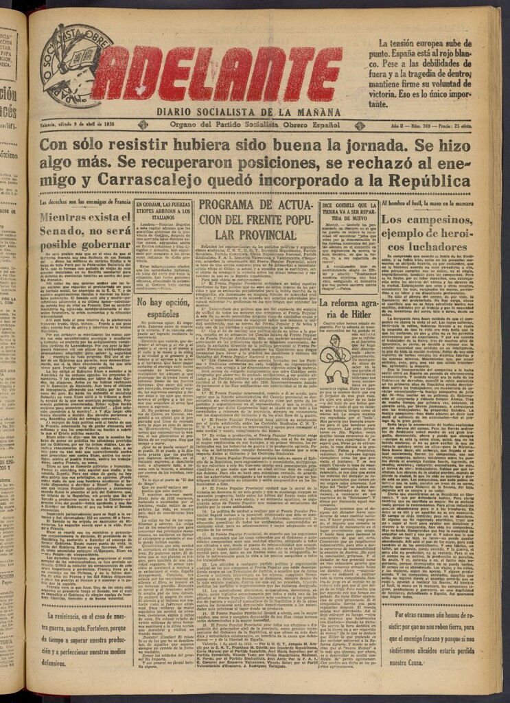Miniatura de Adelante: diario socialista de la mañana del 9 de abril de 1938
