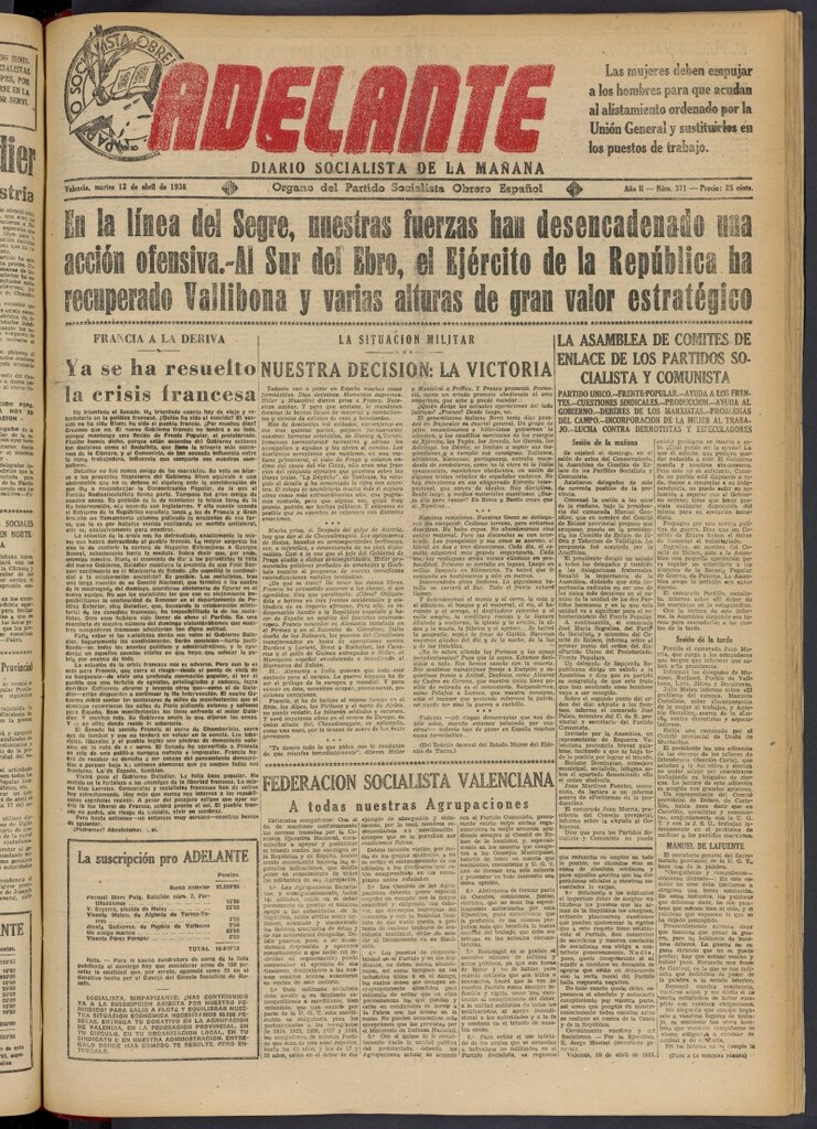 Miniatura de Adelante: diario socialista de la mañana del 12 de abril de 1938