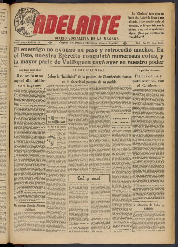 Miniatura de Adelante: diario socialista de la mañana del 14 de abril de 1938