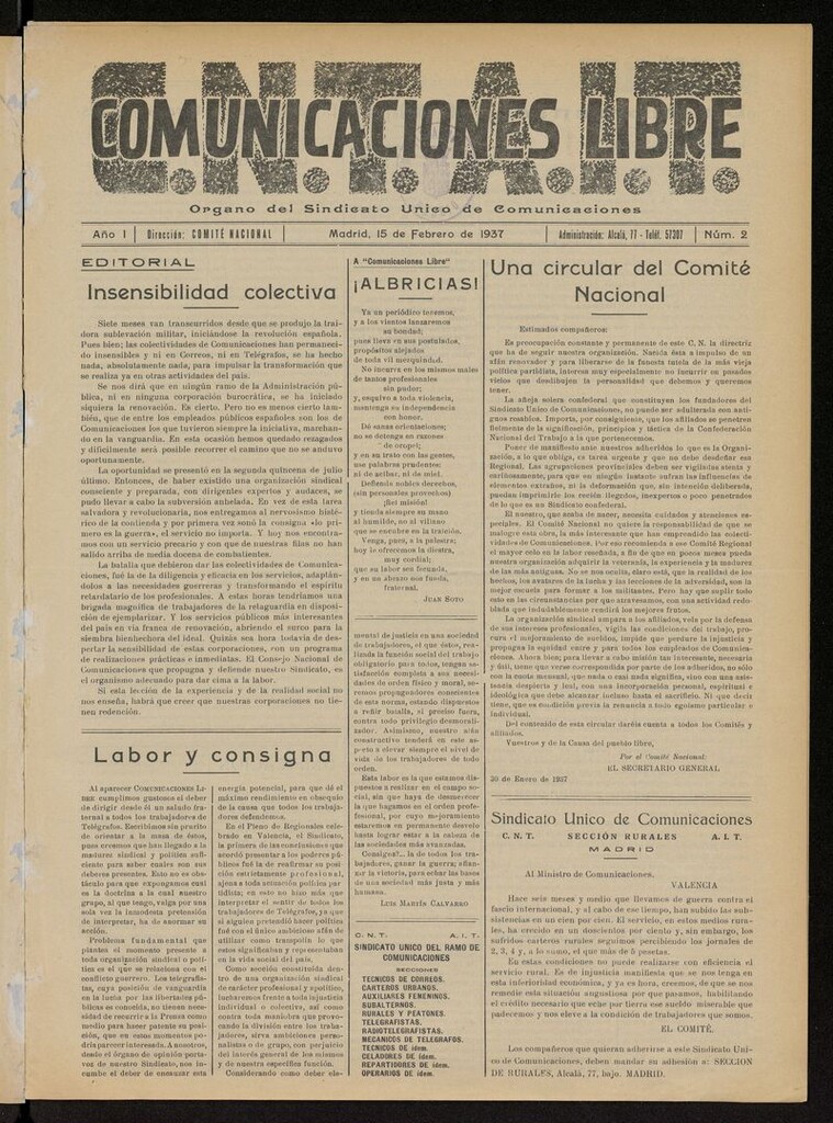 Miniatura de Comunicaciones Libre del 15 de febrero de 1937