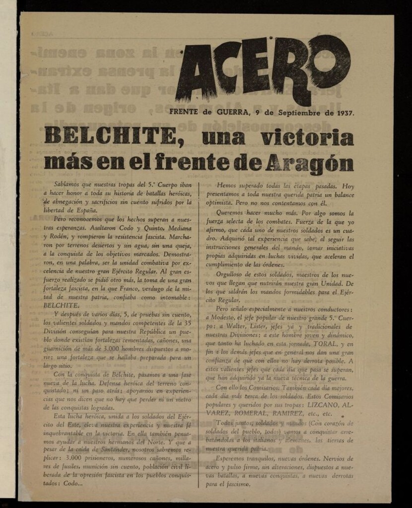 Miniatura de Acero: Organo de la Agrupación Modesto del 9 de septiembre de 1937
