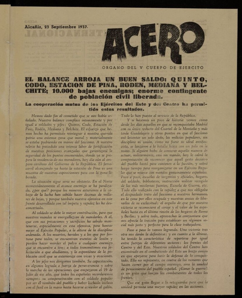 Miniatura de Acero: Organo de la Agrupación Modesto del 23 de septiembre de 1937