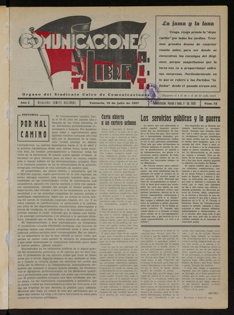 Miniatura de Comunicaciones Libre del 10 de julio de 1937