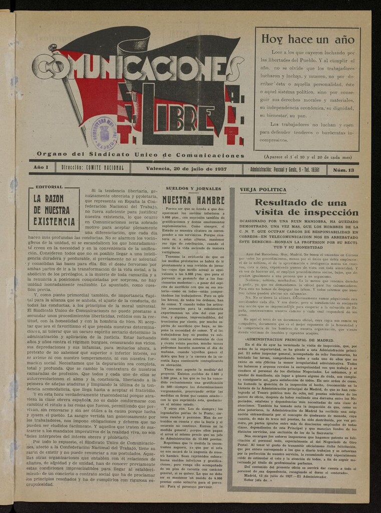 Miniatura de Comunicaciones Libre del 20 de julio de 1937