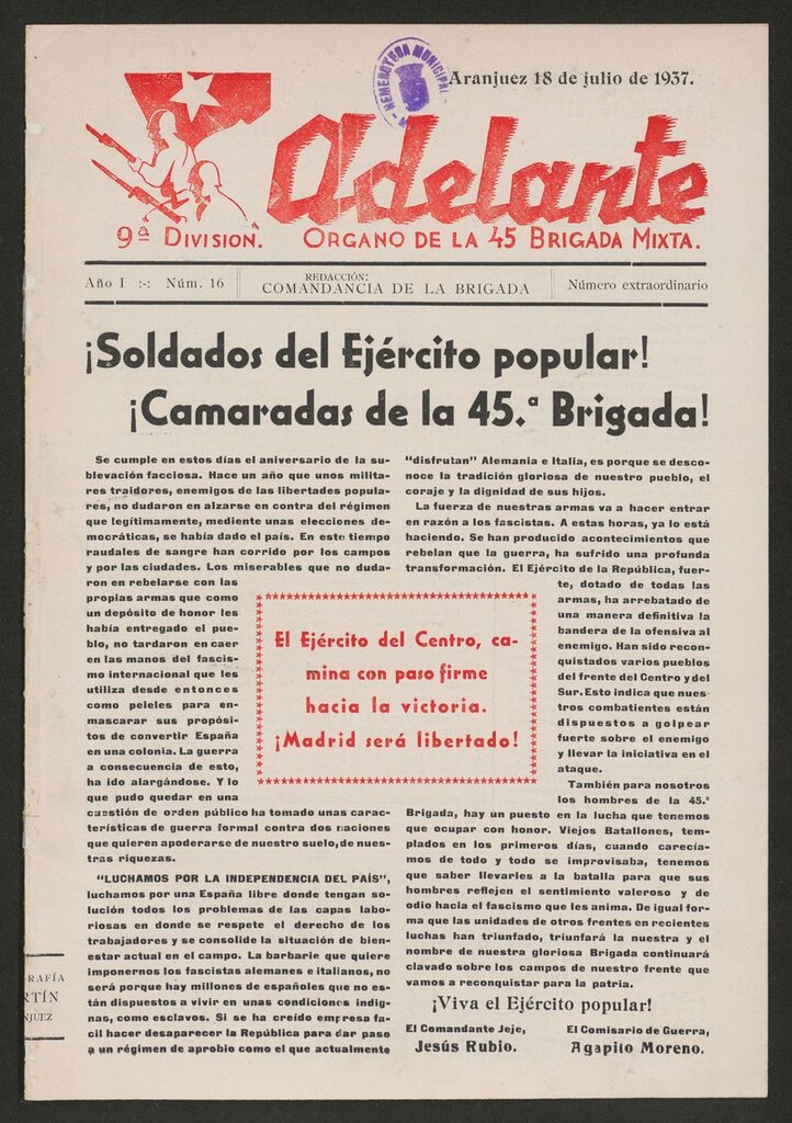 Miniatura de Adelante: órgano de la 45 Brigada Mixta del 18 de julio de 1937
